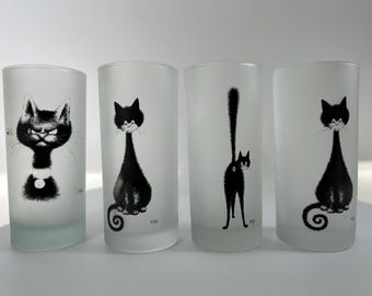 Albert Dubout Cat Highball Glasses, Frosted Tumbler, Editions Clouet France, French Cartoonist Black Cat Barware, Cat Lover Gift