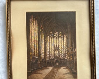 Marcel Julien Baron Signed Etching, French Gothic Cathedral Interior, Hand Colored Aquatint, Antique Framed Architecture Art