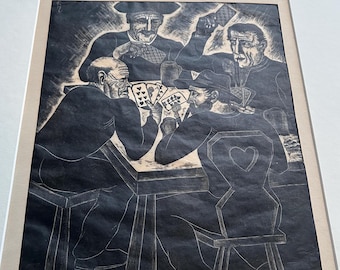 Fritz Richter Die Spieler Original Woodcut Signed Numbered 19/25 German Expressionist Card Players Print Berchtesgaden 1930s Art