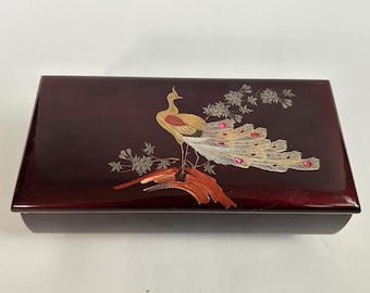 Vintage Minori Orgel Japanese Lacquer Jewelry Box, Maki-e Phoenix Design, Mid-Century Lidded Vanity Box