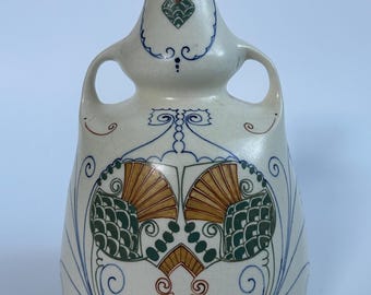 Jarrón holandés antiguo Art Nouveau Arnhemsche Fayencefabriek con dos asas