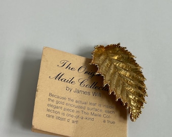 Vintage Maile Collection James Will 24K Gold Electroformed Real Leaf Brooch Hawaii 1978