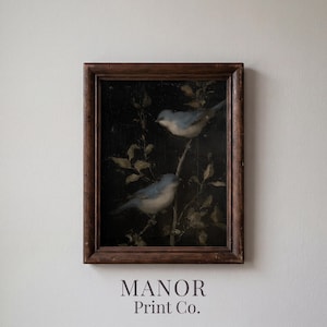 May include: A framed vintage print featuring two light blue birds perched on a branch with leaves against a dark background. The print is in a dark brown wooden frame. The text "MANOR Print Co." is at the bottom.