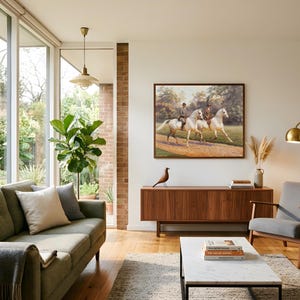 Pastoral equestrian digital download for hallway — side-by-side mounted figures on grassy meadow with classic painted finish and warm earth tones