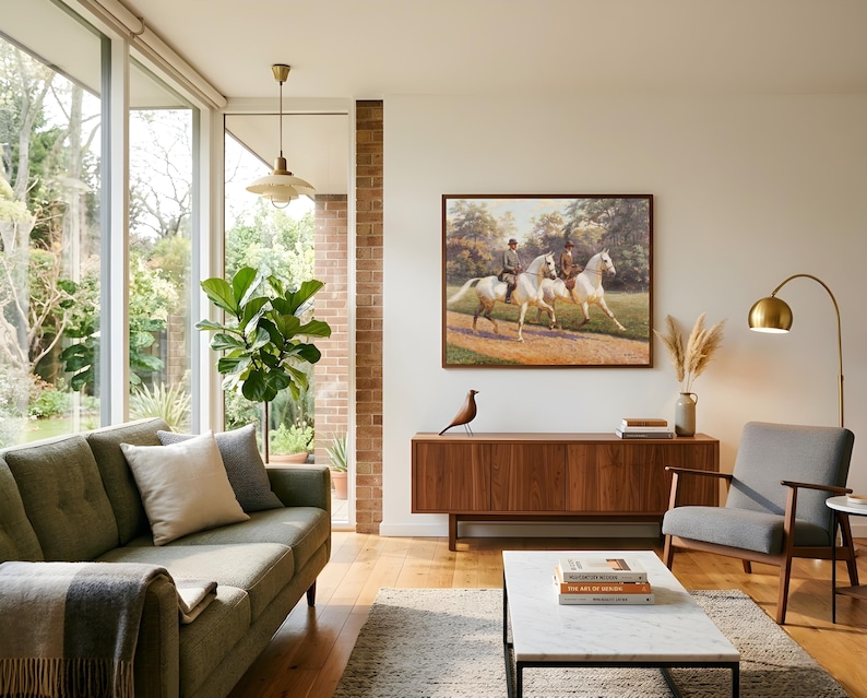 Pastoral equestrian digital download for hallway — side-by-side mounted figures on grassy meadow with classic painted finish and warm earth tones