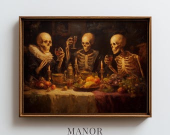 Skeleton Banquet Still Life, Dark Academia Halloween Wall Art Printable (Digital Download) 4025