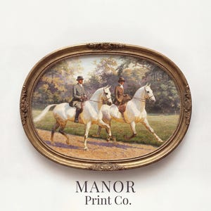 Classical horsewoman and horseman picture for bedroom — woodland landscape with textured vintage style and warm natural lighting