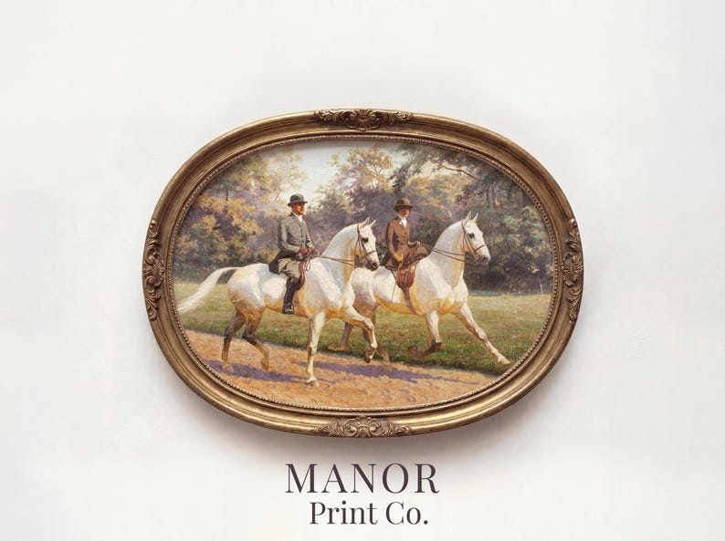Classical horsewoman and horseman picture for bedroom — woodland landscape with textured vintage style and warm natural lighting