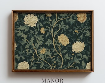 William Morris Floral Pattern, Charcoal Green Chrysanthemums Art (Digital Download) 2053