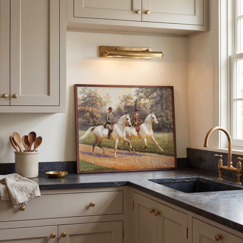 Equestrian couple printable artwork for dining room — dappled light through trees with refined composition and heritage aesthetic