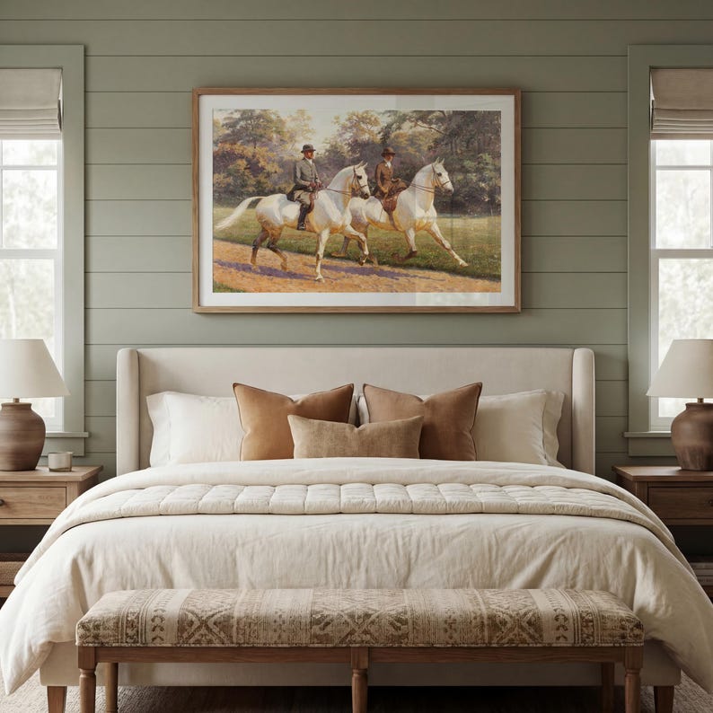 Refined horse lovers painting wall art for entryway — sun-dappled countryside scene with soft brushwork and antique palette
