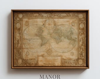 Victorian Dual-Hemisphere World Map, Antique Sepia Ink Wall Art (Digital Download) 1212