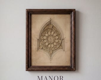 Gothic Rose Window Drawing, Ornate Cathedral Architecture Printable Wall Art (Digital Download) 2725