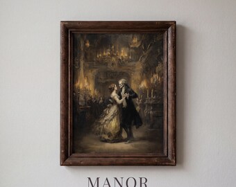 Skeletal Couple Waltz, Gothic Candlelit Ballroom Painting Printable Wall Art (Digital Download) 4014