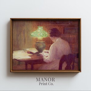 Woman Reading at Desk, Cozy Vintage Study Painting with Green Lamp (Digital Download) 998