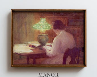 Vintage Woman Reading, Cozy Study Painting with Green Lamp Printable Wall Art (Digital Download) 998