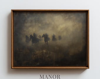 Ghostly Horsemen Riding Through Fog, Dark Moody Vintage Printable Wall Art (Digital Download) 4022