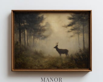 Solitary Stag Forest Painting, Moody Vintage Wildlife Art Printable (Digital Download) 4026
