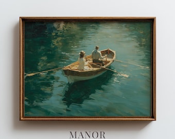 Vintage Rowing Boat, Couple on Teal Lake Printable Wall Art (Digital Download) 2695