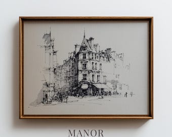 Parisian Street Architecture Sketch, Vintage Haussmann Building Printable Wall Art (Digital Download) 4028
