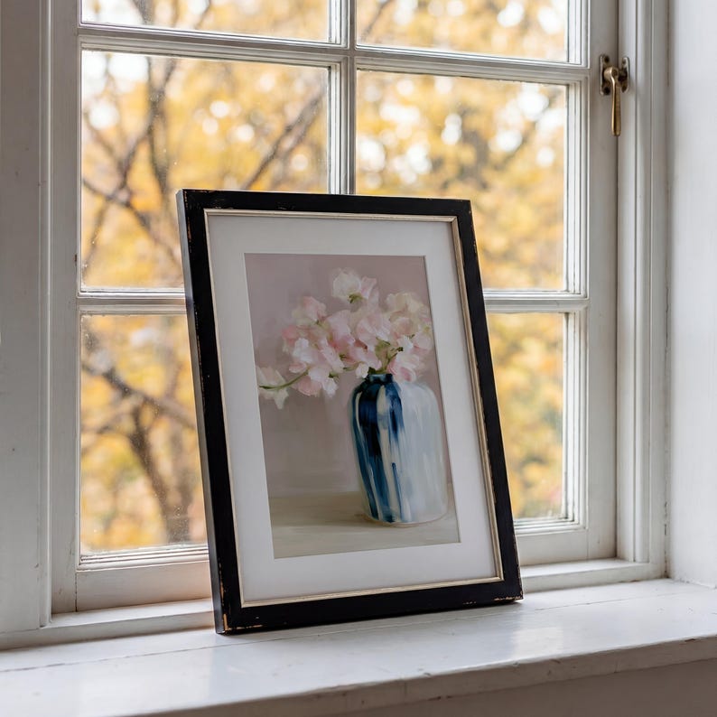 Vintage Pink Sweet Pea Flowers, Blue Vase Still Life Printable Wall Art ...