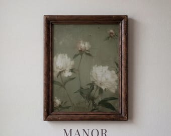 White Peony Botanical Art, Sage Green Vintage Floral Printable Wall Art (Digital Download) 1574