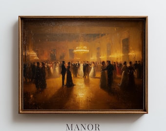 Vintage Ballroom Dance Painting, Elegant Golden Chandelier Wall Art Printable (Digital Download) 3042