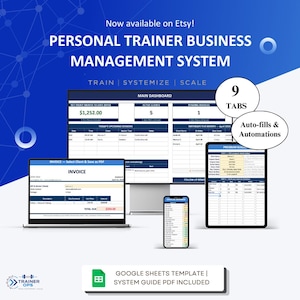 May include: A digital personal trainer business management system template, displayed on a laptop, tablet, and smartphone. The system includes a main dashboard, invoice creation, and program sub-sections. The text reads "Personal Trainer Business Management System."