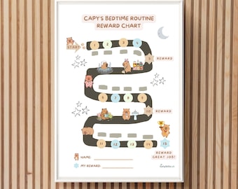 Tabla de recompensas para la rutina de la hora de dormir de Capybara, imprimible para niños / Horario visual para autismo y TDAH