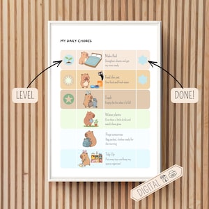 May include: A white poster titled MY DAILY CHORES featuring six rows of tasks with capybara illustrations. Each row includes a level icon, a task description, and a space for a done star. The tasks are Make Bed, Feed the pet, Trash, Water plants, Prep tomorrow, and Tidy Up.