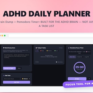 ADHD Daily Planner | Brain Dump + Pomodoro Timer | Focus Tool for ADHD | Energy-Based Task List | ADHD Organizer