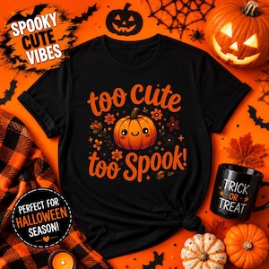 Pode incluir: Uma t-shirt preta de manga curta com um gráfico central de uma abóbora laranja sorridente rodeada por pequenas flores e estrelas. O texto "too cute too Spook!" está impresso em letras cor de laranja acima e abaixo da ilustração.