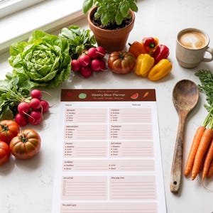 Puede incluir: Un planificador de comidas semanal con un encabezado marrón, con secciones para cada día de la semana, una lista de compras y notas de preparación de comidas. Productos frescos, como tomates, rábanos y pimientos, rodean el planificador. También hay una taza de café y una cuchara de madera.