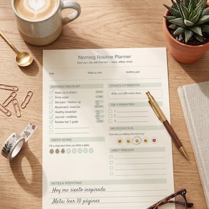 May include: A morning routine planner with a coffee cup, a succulent plant, and a pen on a wooden surface. The planner includes sections for a morning checklist, affirmations, and mood check-in. Text on the planner reads "Morning Routine Planner".