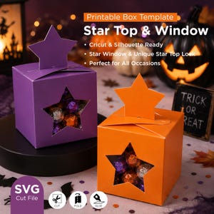 May include: A purple and an orange square paper box, each featuring a star-shaped cutout window and a star-shaped top lock. The boxes contain small, round, metallic-wrapped candies. Text on the image reads: Printable Box Template Star Top & Window.