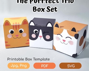 印刷可能な猫用ボックステンプレート3種セット（オレンジのトラ猫、タキシード猫、三毛猫）（SVG、PDF、PNG形式）