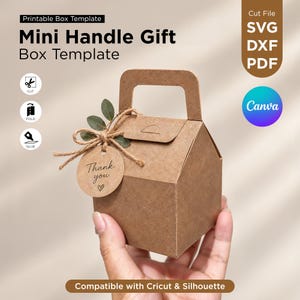 May include: A brown kraft paper mini handle gift box template featuring a top handle and a fold-over closure. A round tag tied with twine reads Thank you with a small heart icon and includes green leaves. Text includes Printable Box Template, Mini Handle Gift Box Template, Cut, Fold, Glue, SVG, DXF, PDF, Canva, and Compatible with Cricut & Silhouette.