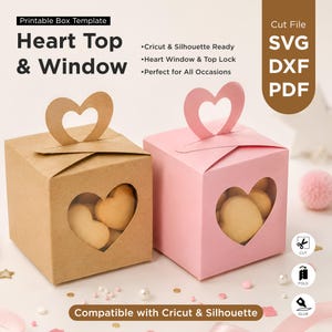 Puede incluir: Una plantilla de caja imprimible con un asa superior en forma de corazón y una ventana frontal en forma de corazón. El conjunto incluye una caja de papel kraft marrón y una caja de papel rosa claro, ambas con galletas en forma de corazón.