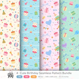 May include: Four seamless birthday patterns in pastel colors. Each pattern features cakes, gifts, balloons, confetti, and the text "Happy Birthday" and "HDB". The patterns are 12 x 12 inches.
