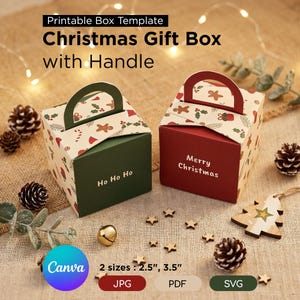 Peut inclure: Deux boîtes cadeaux de Noël imprimables avec poignées, l'une vert foncé avec le texte Ho Ho Ho et l'autre rouge foncé avec le texte Merry Christmas. Les deux présentent un couvercle crème avec un motif festif de bonshommes en pain d'épices.