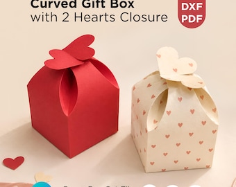 Könnte beinhalten: Eine druckbare, geschwungene Geschenkbox-Vorlage mit 2-Herz-Verschluss, bestehend aus einer einfarbig roten Box und einer cremefarbenen Box mit rotem Herzmuster. Der Text umfasst Printable Box Template, Curved Gift Box with 2 Hearts Closure, SVG, DXF, PDF, Paper Box Cut File und Editable in Canva.