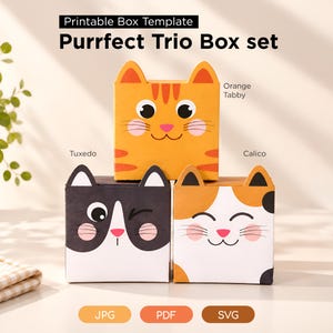 Plantilla de caja de regalo para gatos, caja de papel con diseño de gato atigrado naranja y calico, caja imprimible para manualidades en formato SVG, PDF y PNG. Idea de regalo para amantes de los gatos.