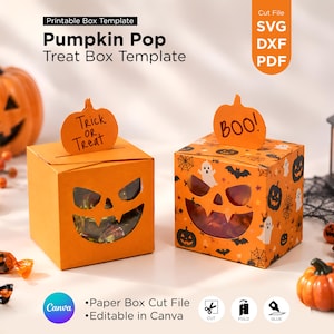May include: Two square paper treat boxes with pumpkin-shaped cutouts. One box is solid orange with a Trick or Treat topper, the other features a Halloween pattern with ghosts, bats, and spiders with a BOO! topper. Includes SVG, DXF, and PDF files.