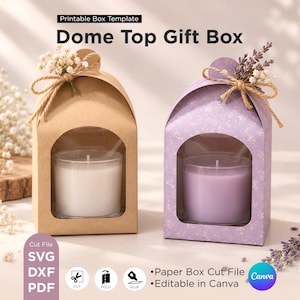 May include: Two dome top gift boxes, one brown and one light purple with a floral pattern, each featuring a clear window displaying a candle. The boxes are tied with twine and decorated with dried flowers. Text reads: Printable Box Template Dome Top Gift Box.