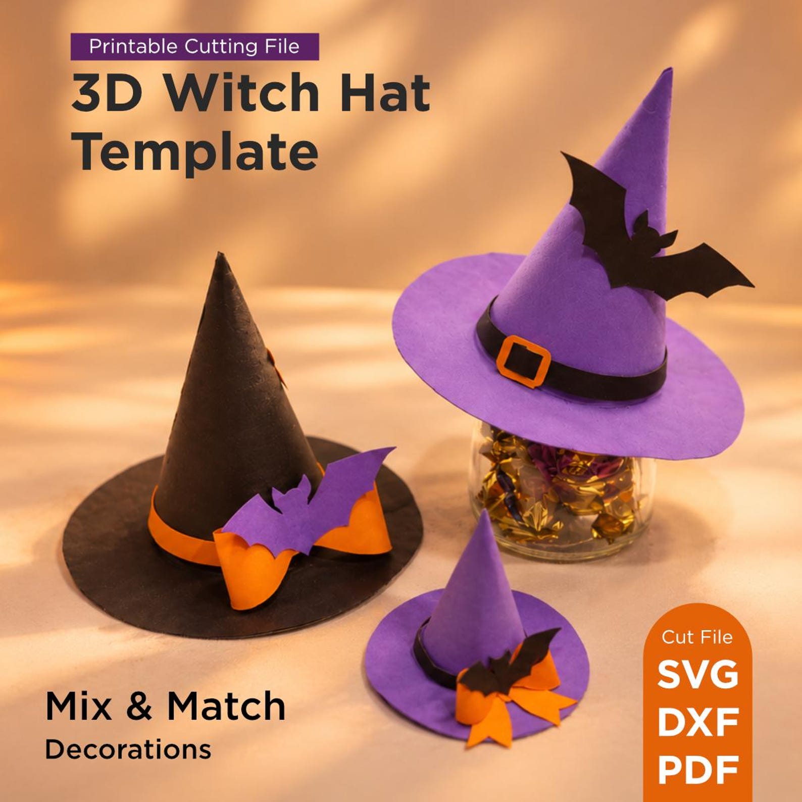 Mix-and-Match Paper Hat Decorations Digital paper witch-hat template preview with several bands, bows and decorative options.