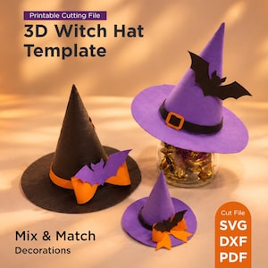 Puede incluir: Un archivo de corte imprimible para sombrero de bruja 3D con tres sombreros de papel en morado y negro con detalles en naranja y negro, incluyendo recortes de murciélagos y lazos. Texto: Printable Cutting File 3D Witch Hat Template Mix & Match Decorations Cut File SVG DXF PDF.