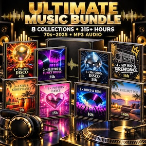 May include: A digital music collection titled Ultimate Music Bundle featuring 8 collections, 315+ hours of MP3 audio from the 70s to 2025. The set includes 8 square album covers with themes like disco, hip hop, and chillout pop, plus headphones and a turntable.