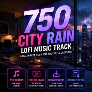 Puede incluir: Gráfico digital que promociona "750 City Rain Lofi Music Track". El texto es blanco, rosa y morado, con iconos de música, YouTube, descarga y derechos de autor. El fondo muestra un horizonte urbano y un interior acogedor.