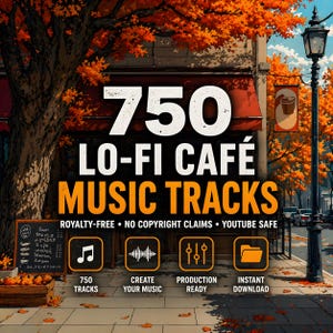 以下が含まれることがあります： 750 Lo-Fi Café Music Tracksを宣伝する画像。テキストには「ロイヤリティフリー」、「著作権侵害なし」、「YouTube Safe」が含まれています。アイコンは音符、音波、ミキシングコントロール、インスタントダウンロード用のフォルダーを表しています。カフェのシーン。