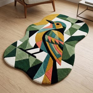 May include: An irregularly shaped area rug featuring a geometric bird design. The rug displays a palette of mustard yellow, forest green, sage green, black, and white, composed of angular, interlocking shapes that form the bird's body and wings.